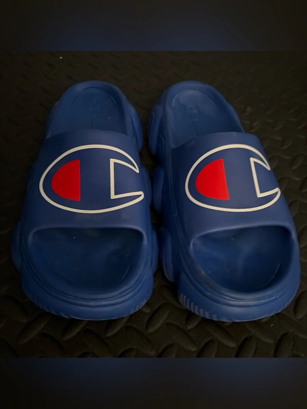Champion Blue Kids Slide Sandals with Red Logo Accent